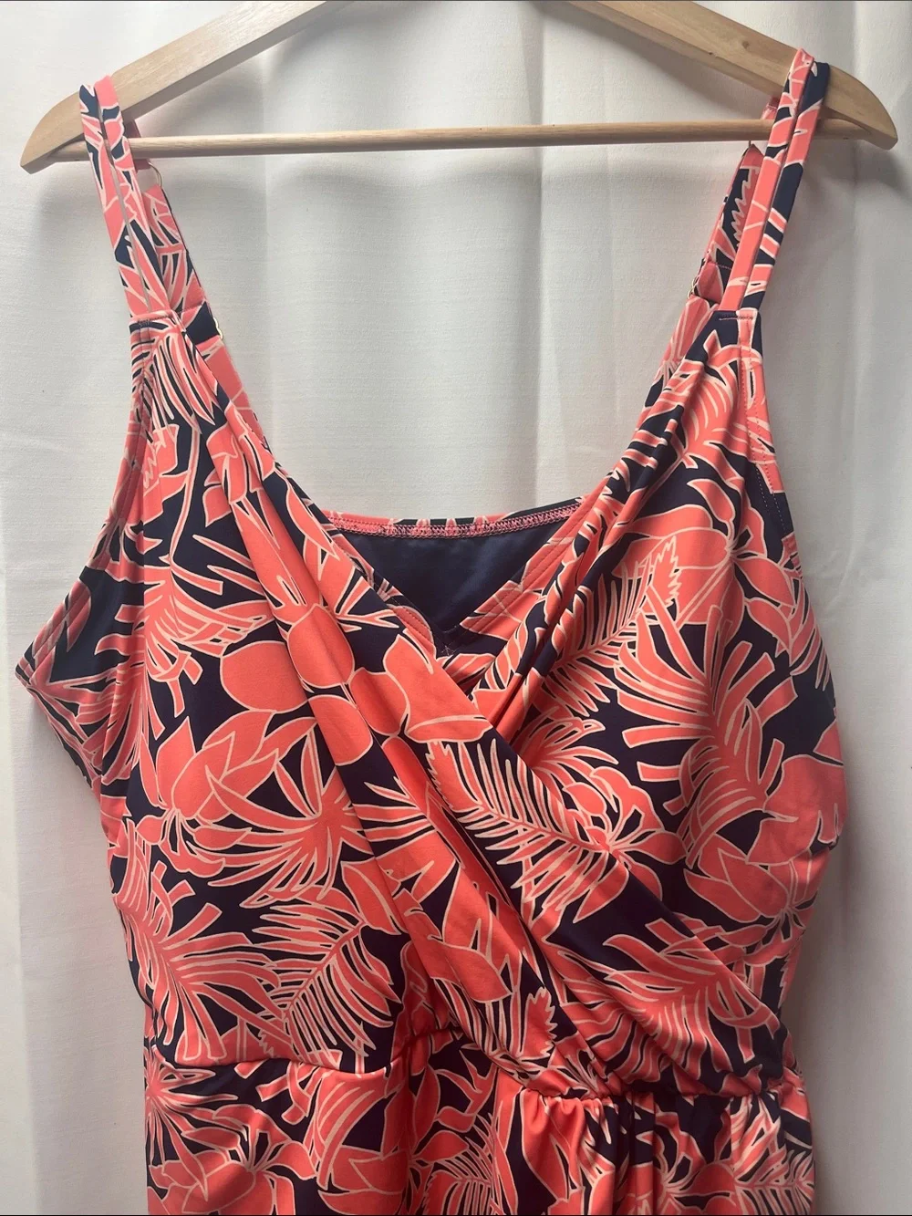 Land’s End Plus Tulip Wrap Wood Lily Palm Navy Blue One Piece Swim Dress- 3X